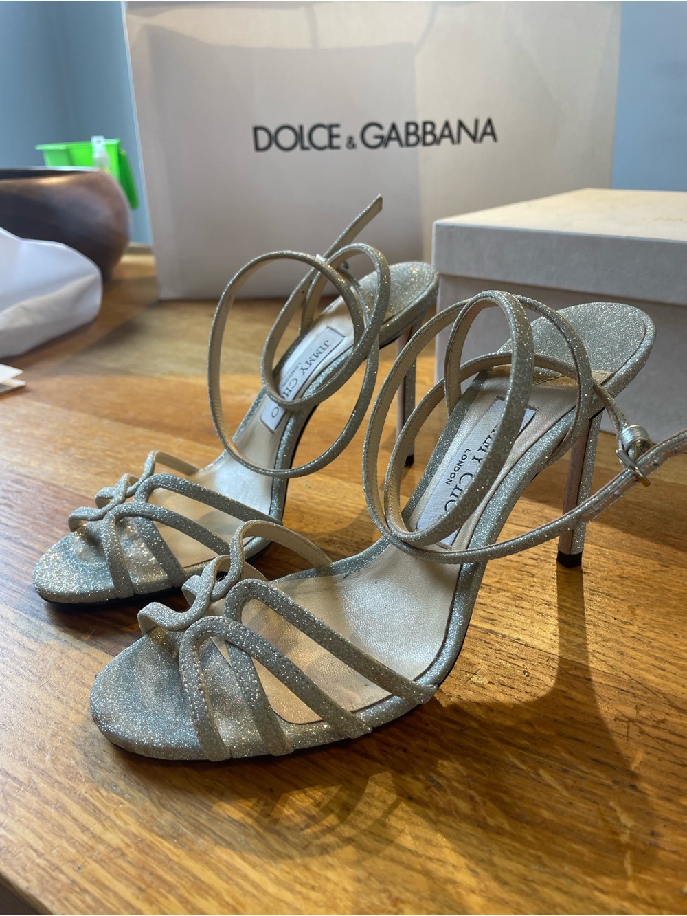 Jimmy Choo Silver Glitter Strappy Knot Sandals